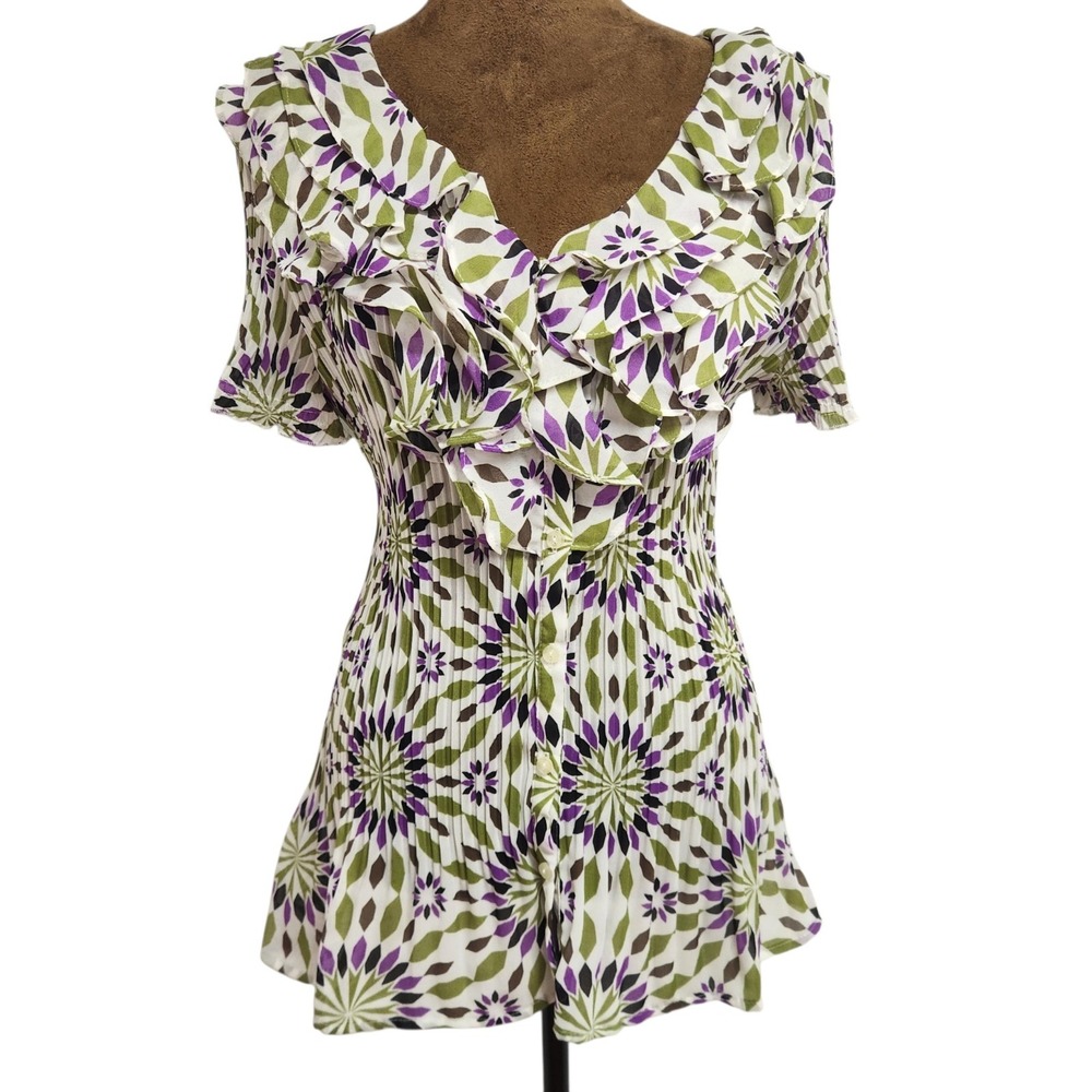 East 5th Women's Y2K Short Sleeve Top Size L Pleated Ruffle Button Geometric